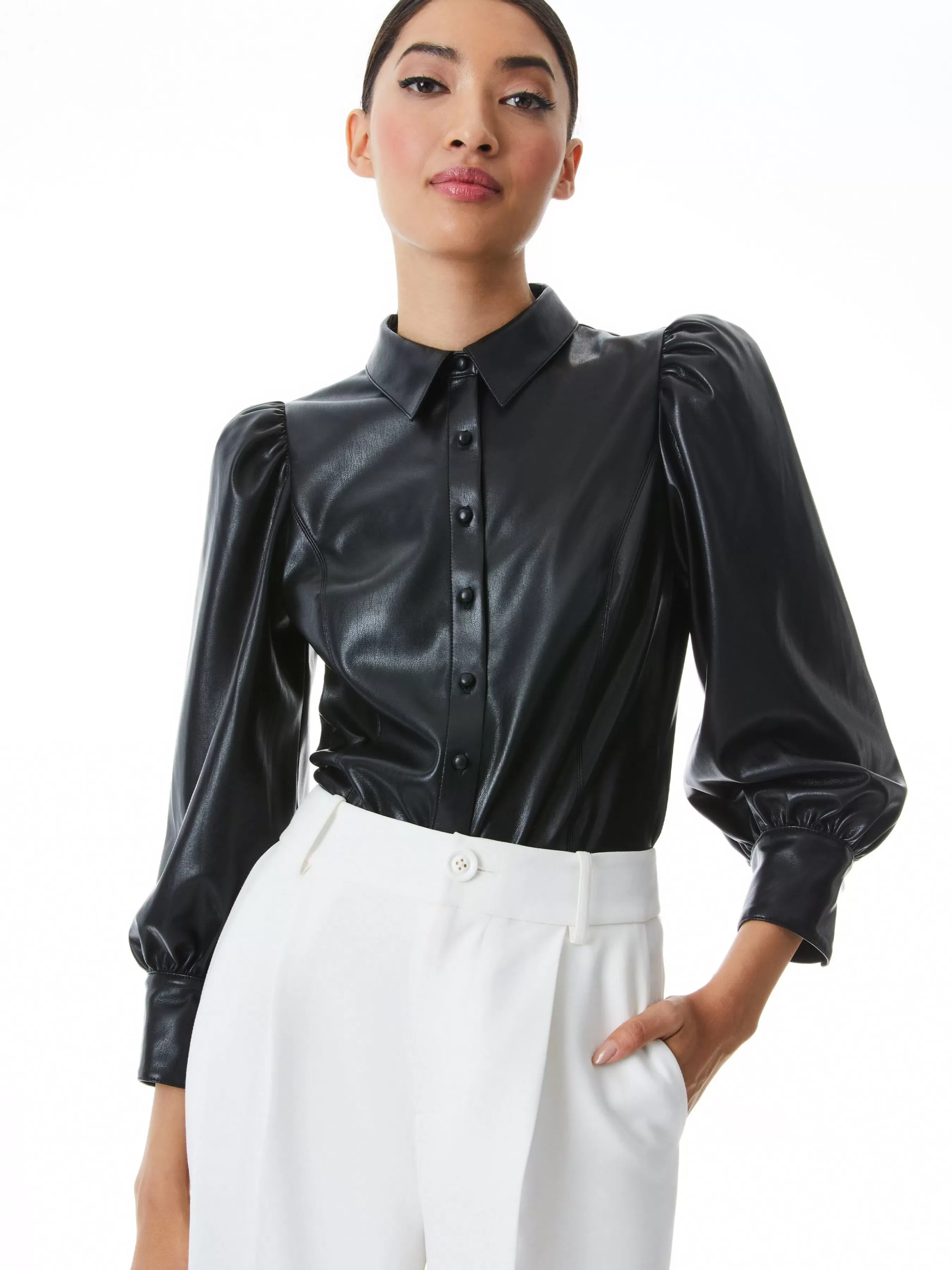 Alice and Olivia NADINE VEGAN LEATHER BUTTON DOWN