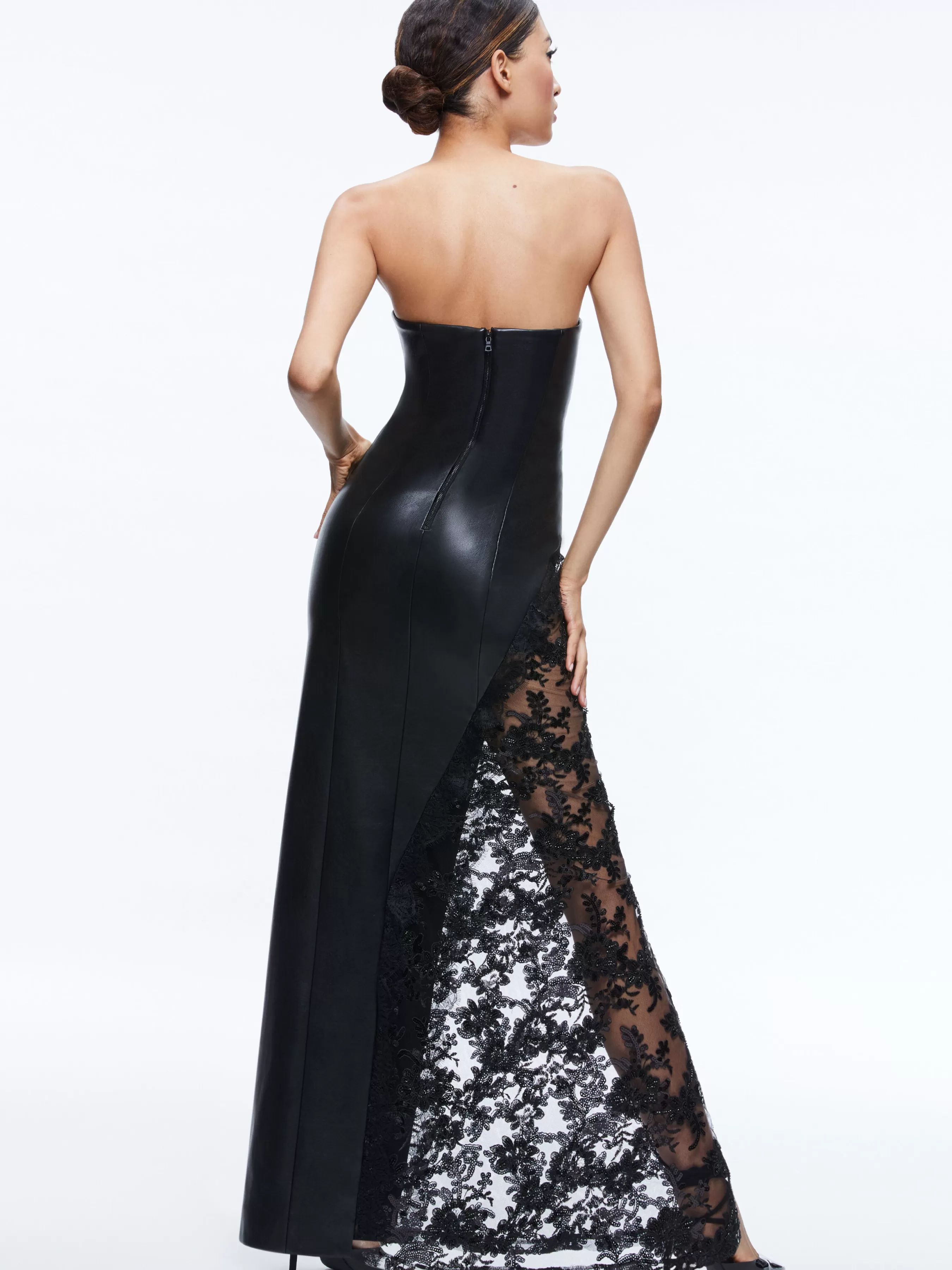 Alice and Olivia RETHA VEGAN LEATHER LACE MAXI DRESS