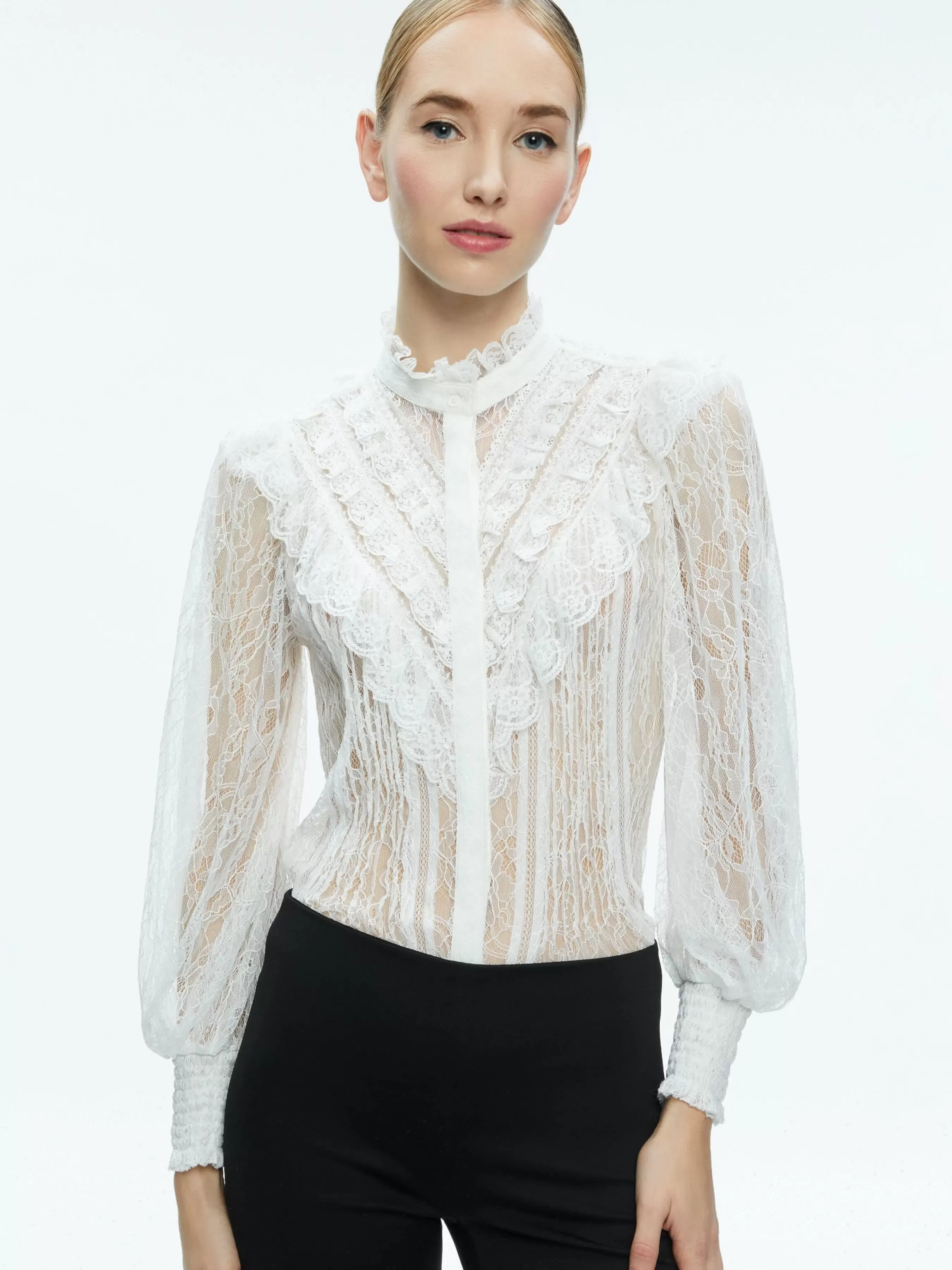 Alice and Olivia RHEBA MOCK NECK BUTTON FRONT LACE TOP