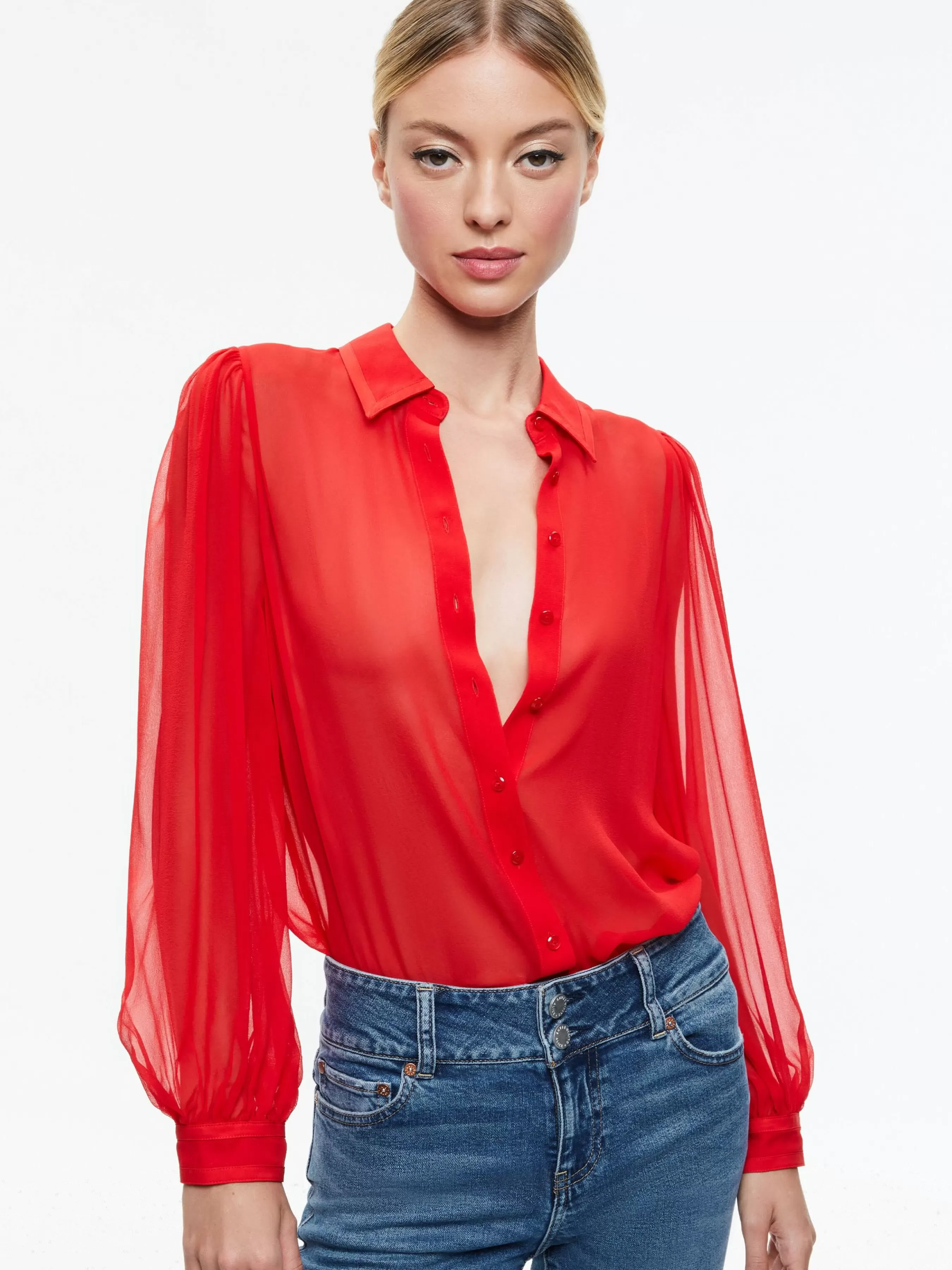 Alice and Olivia ROANNE BLOUSON SLEEVE BUTTON DOWN