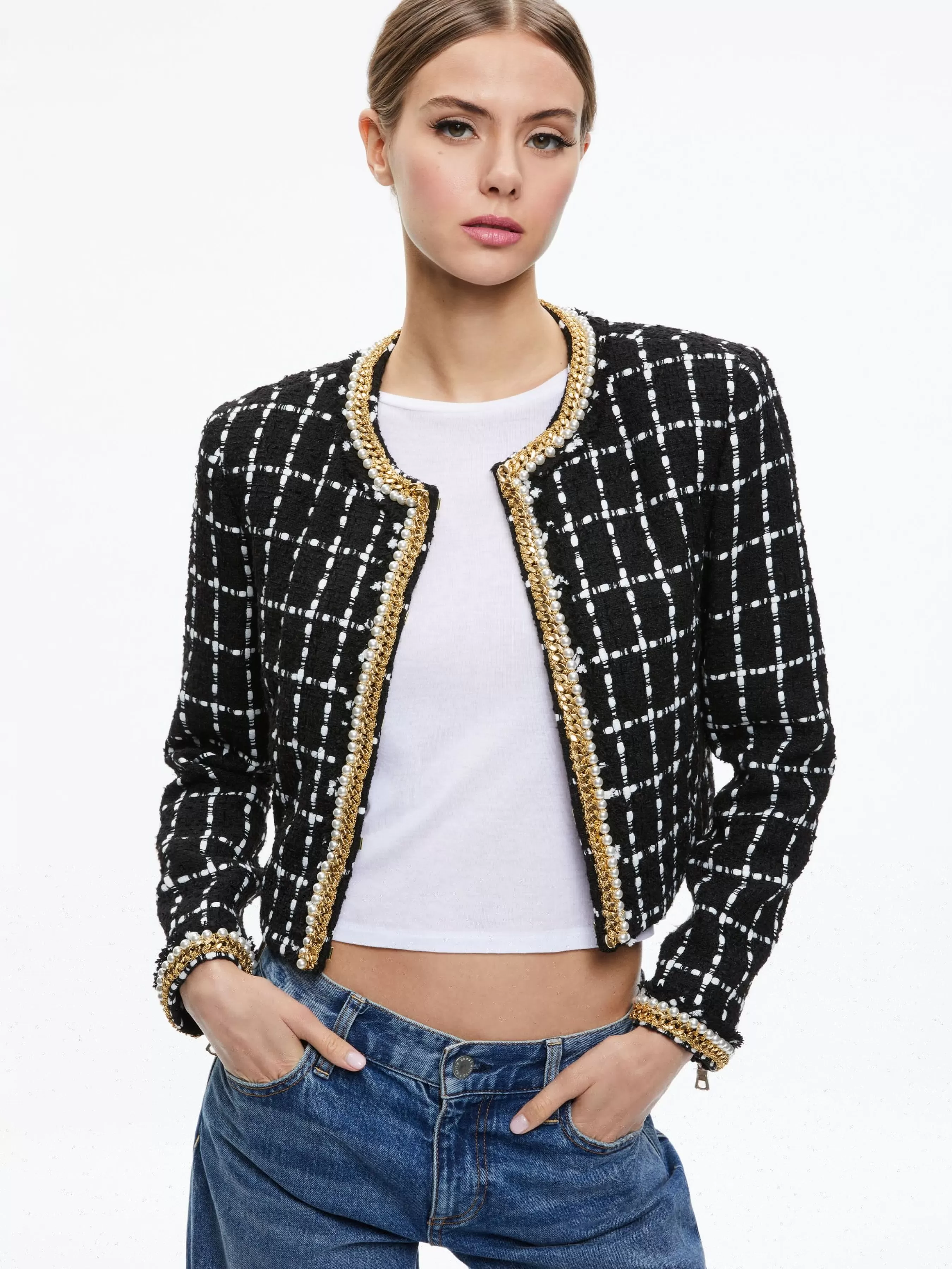 Alice and Olivia SABINA CHAIN TRIM TWEED JACKET