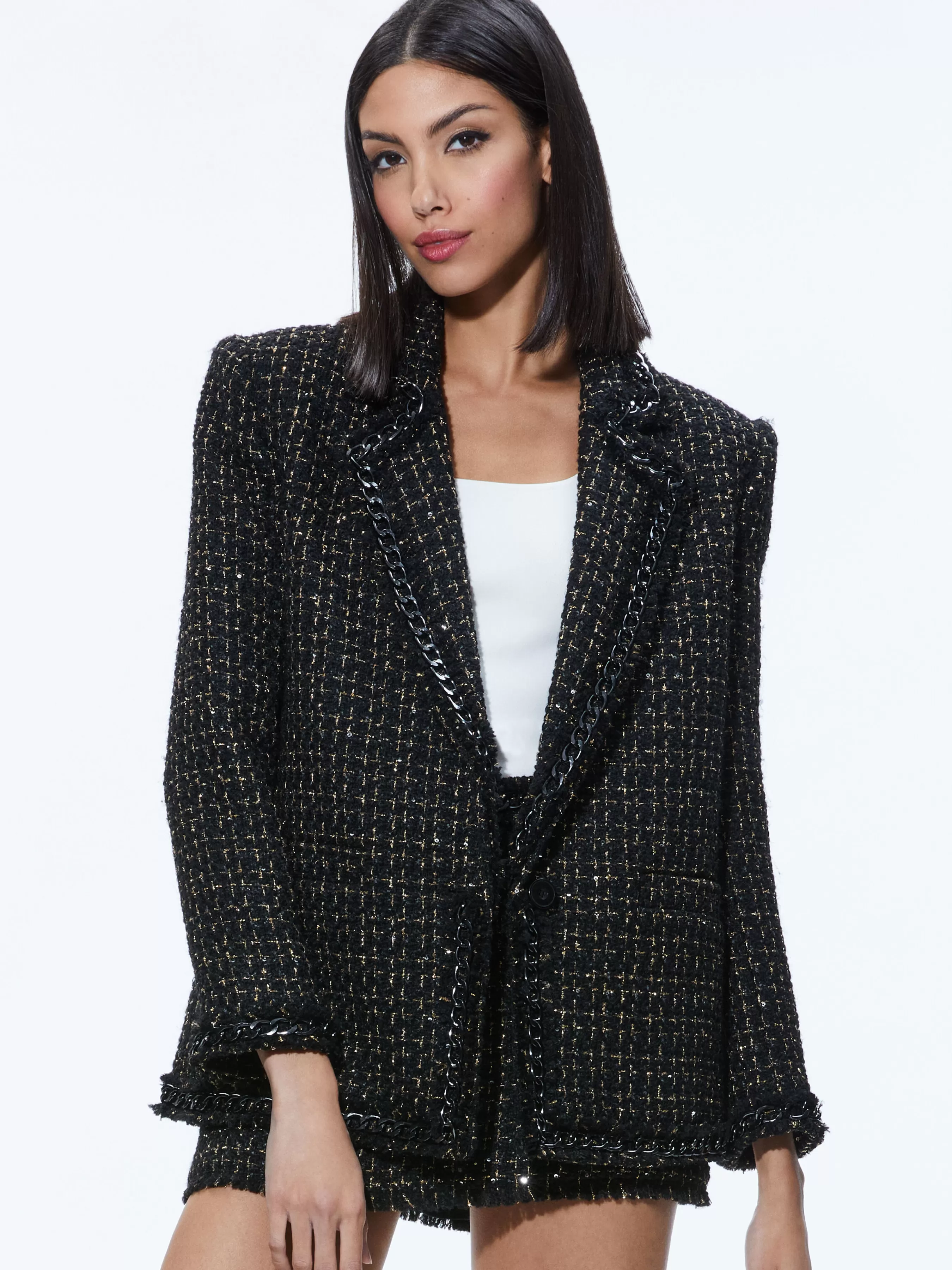 Alice and Olivia SHAN TWEED CHAIN TRIM BLAZER