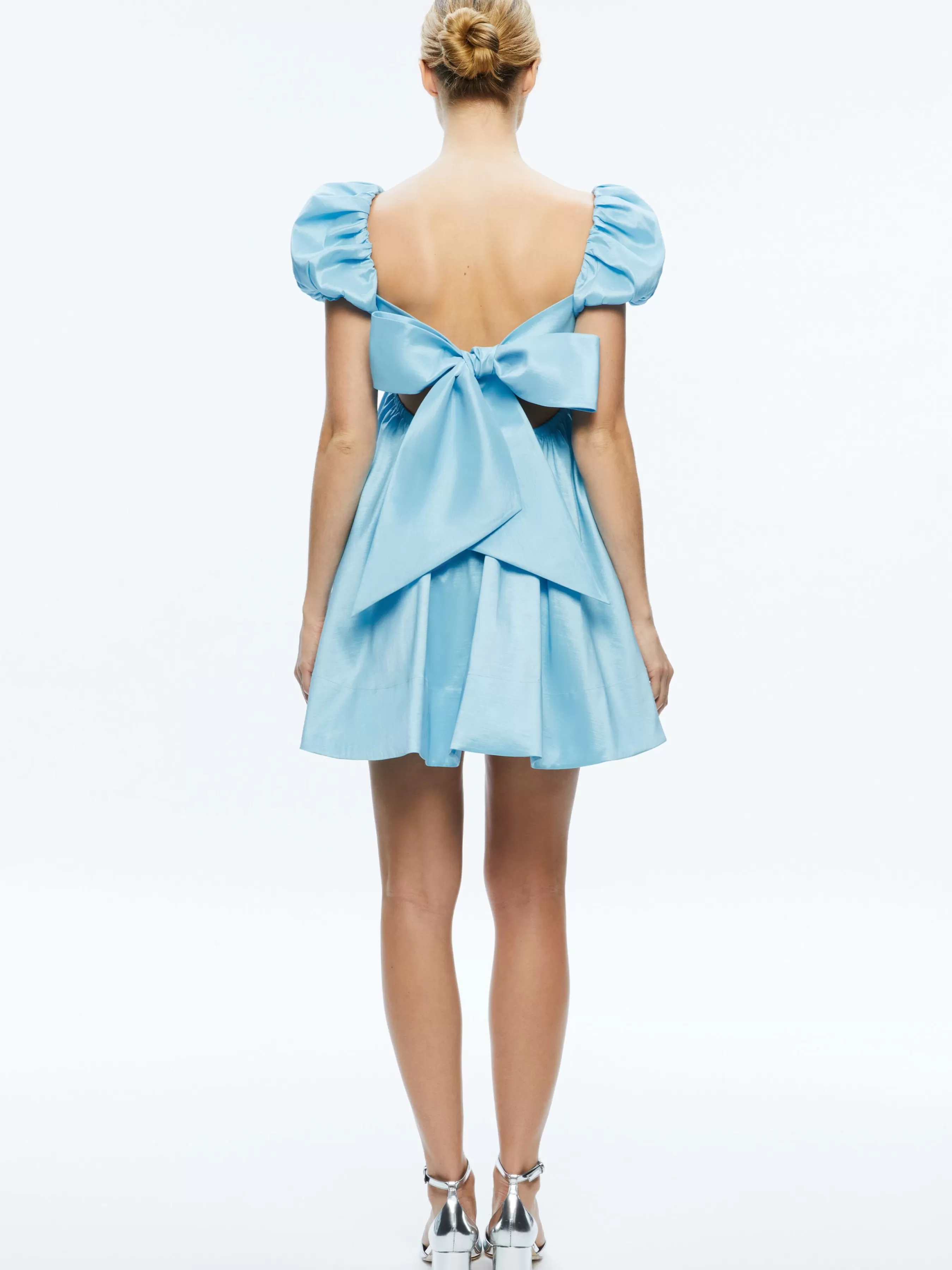 Alice and Olivia SHARILYN BUBBLE SLEEVE TIE BACK MINI DRESS