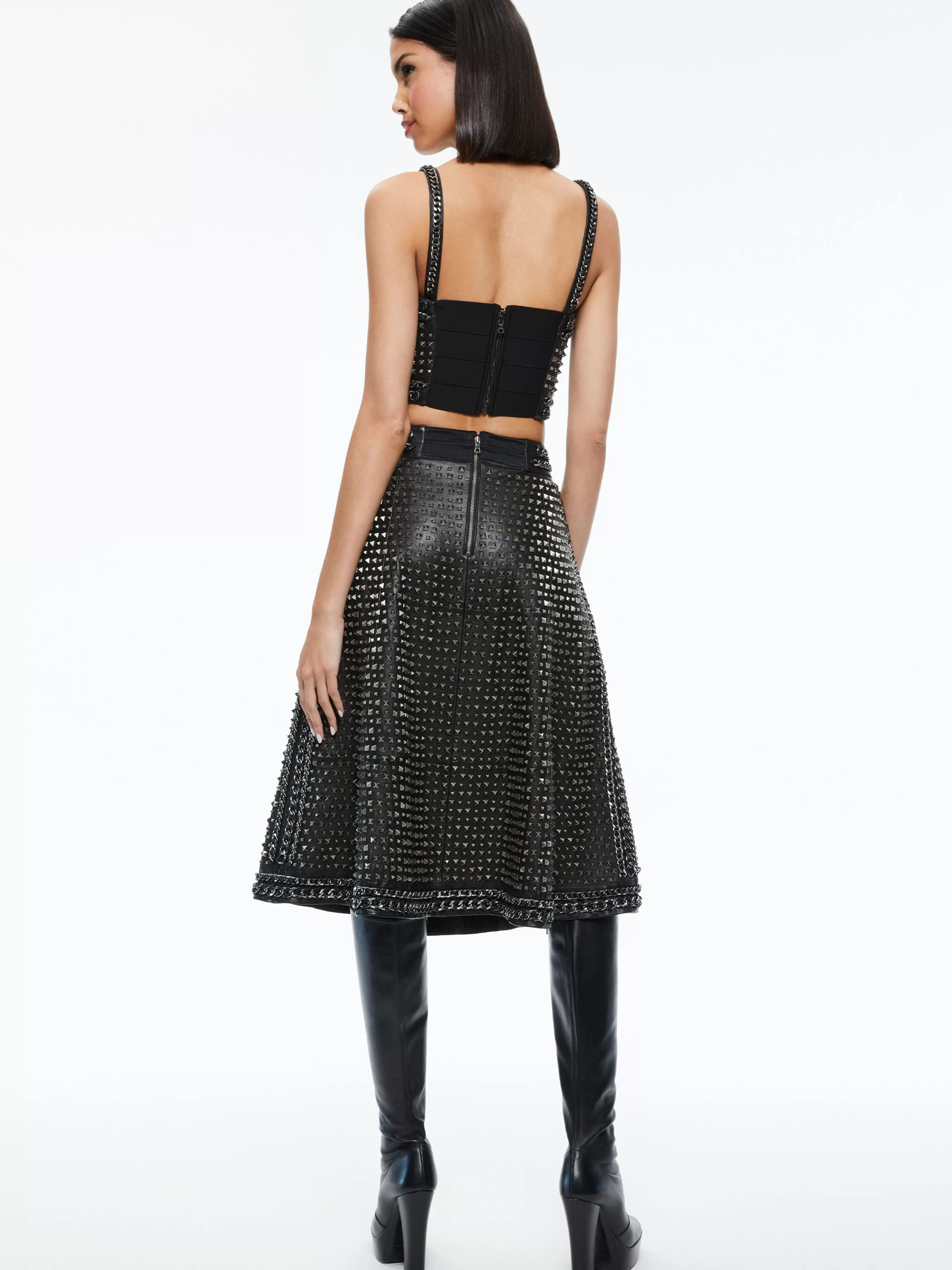 Alice and Olivia SOSIE STUDDED LEATHER MIDI SKIRT