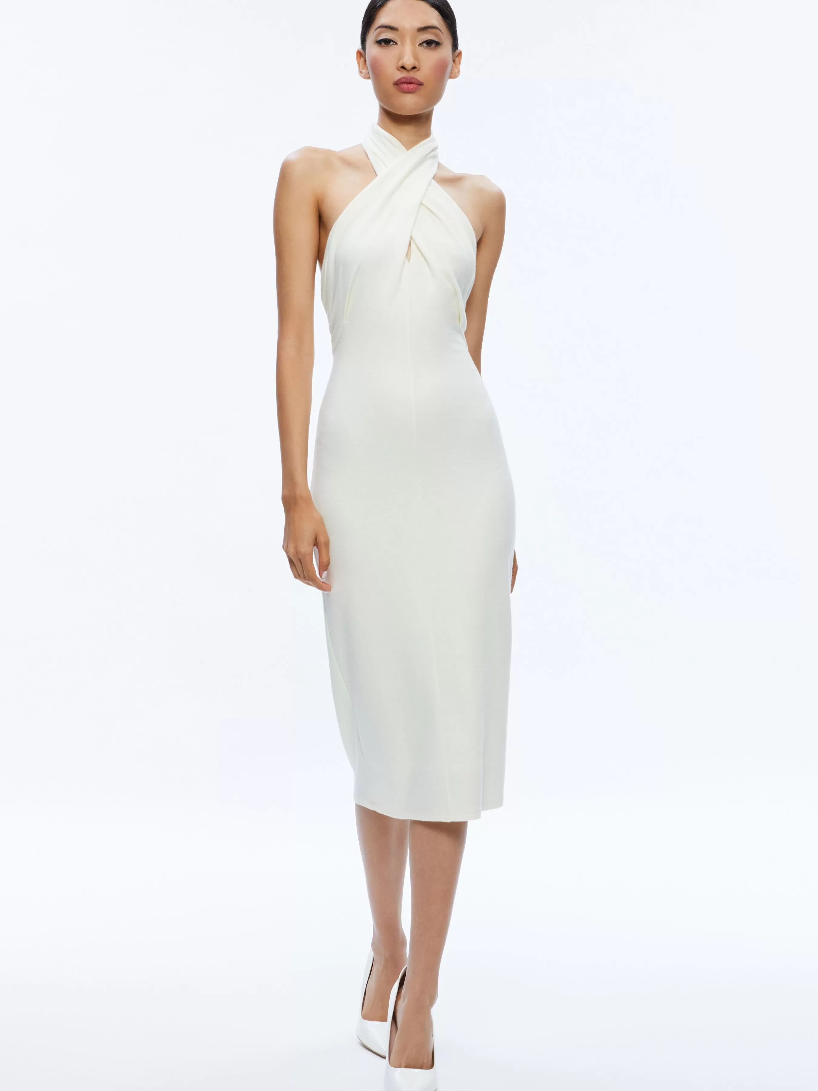 Alice and Olivia SUELLEN TWIST NECK HALTER MIDI DRESS