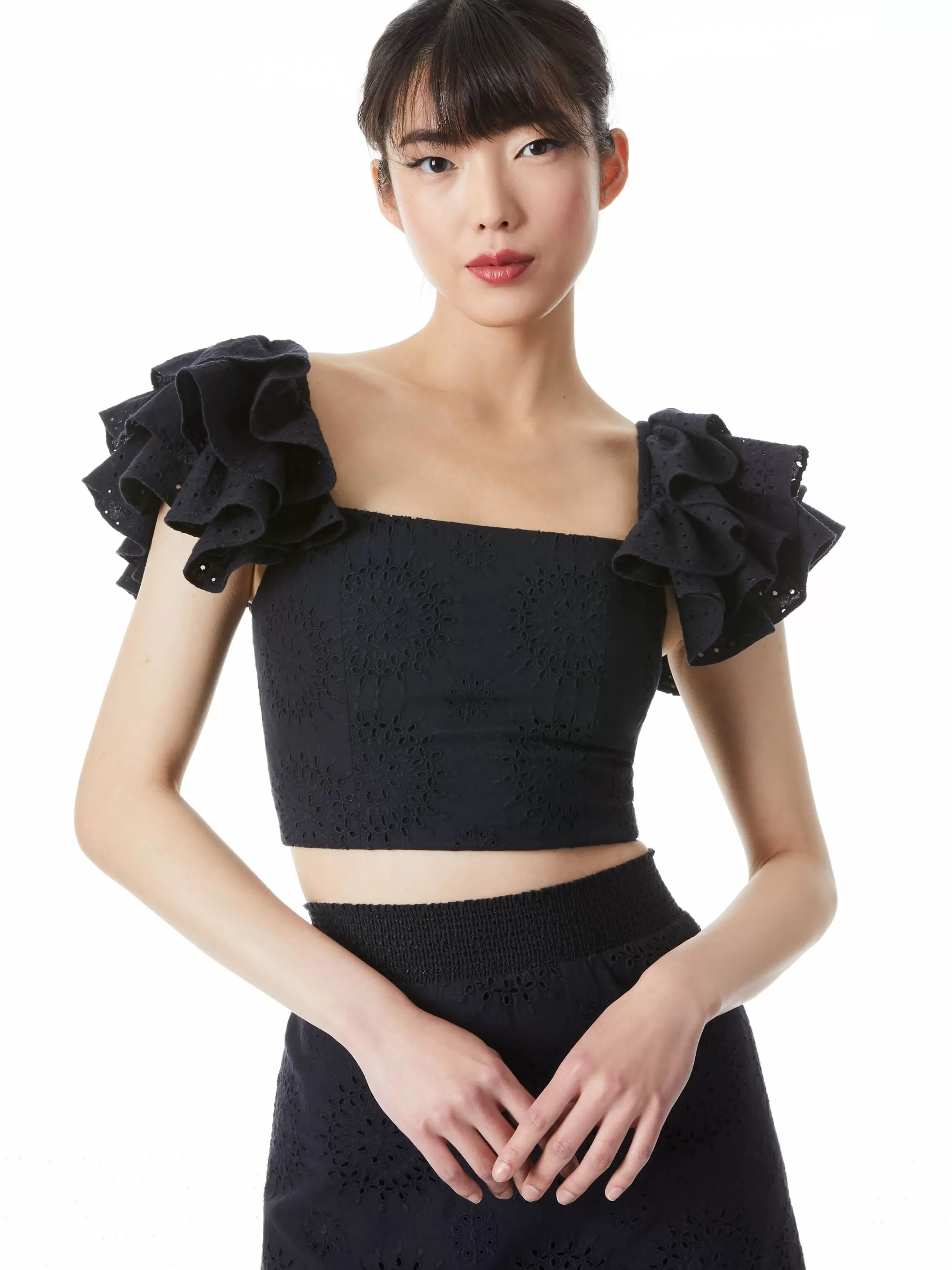 Alice and Olivia TAWNY EYELET SQUARE NECK RUFFLE CROP TOP