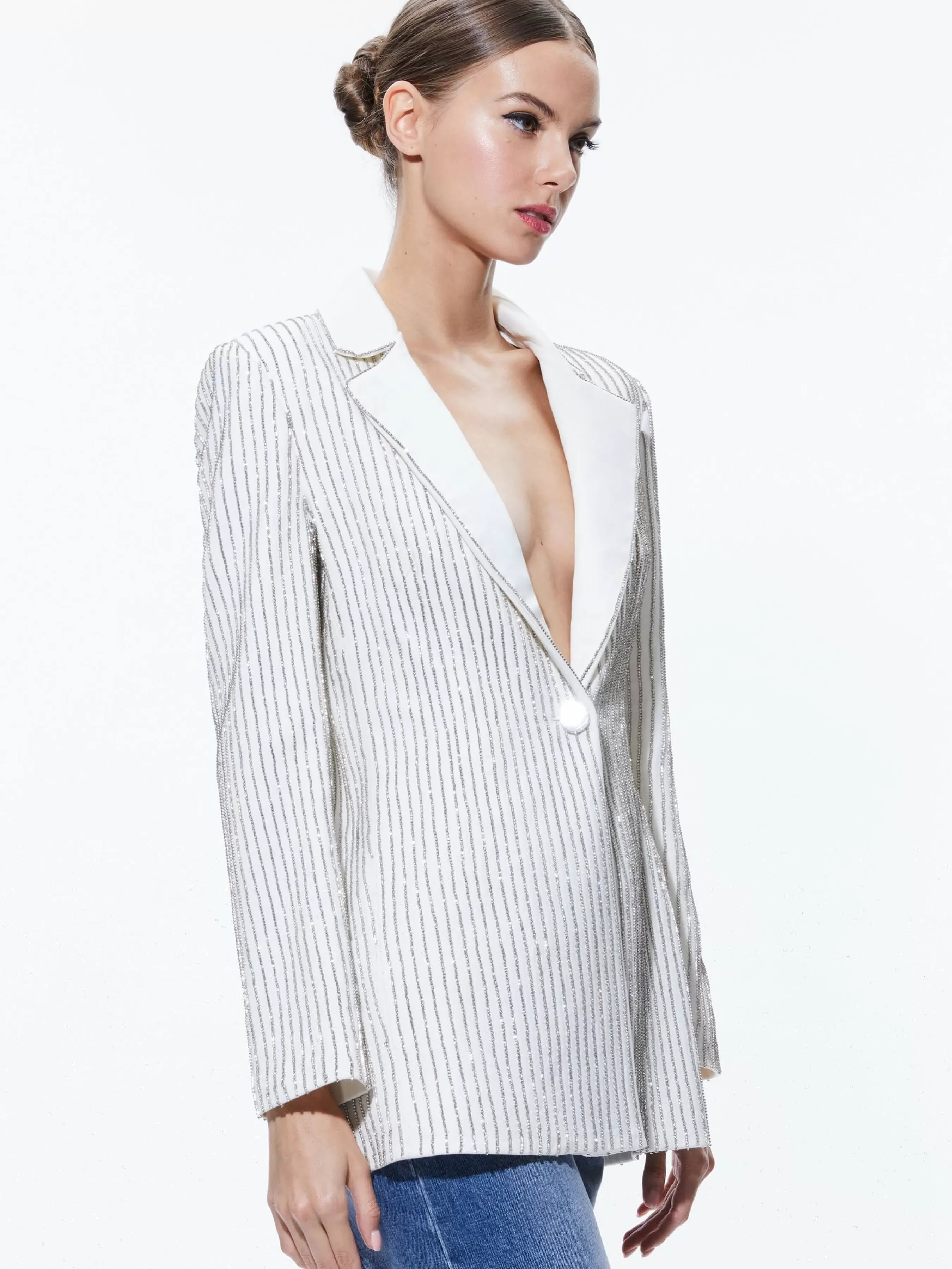 Alice and Olivia YONA PINSTRIPE EMBELLISHED BLAZER